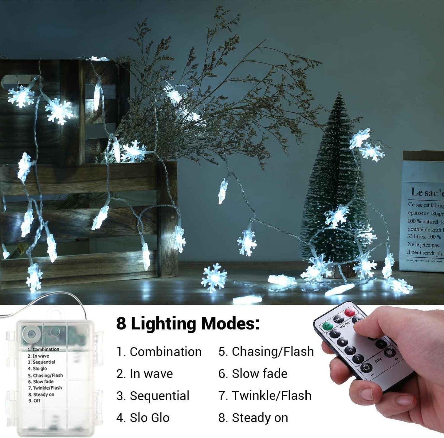 BrizLabs Snowflake Fairy Lights – Living Room Aesthetic Accent, 40 LED Battery Powered Indoor Lights