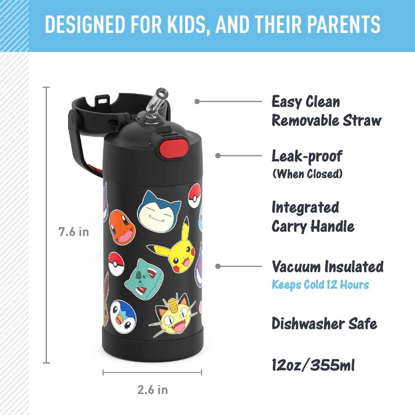 THERMOS FUNTAINER Stainless Steel Water Bottle with Straw - Holiday Gift Idea for Kids Who Love Bluey and Disney