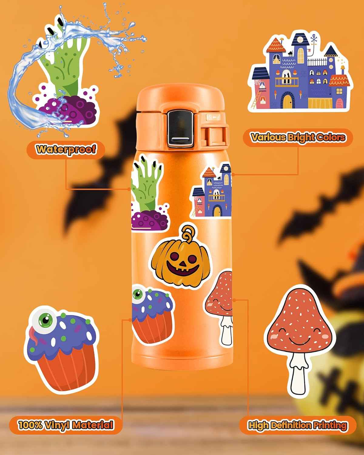 Kids Halloween Party Favor Stickers – 300 Waterproof Vinyl Stickers for Trick or Treat Goody Bags
