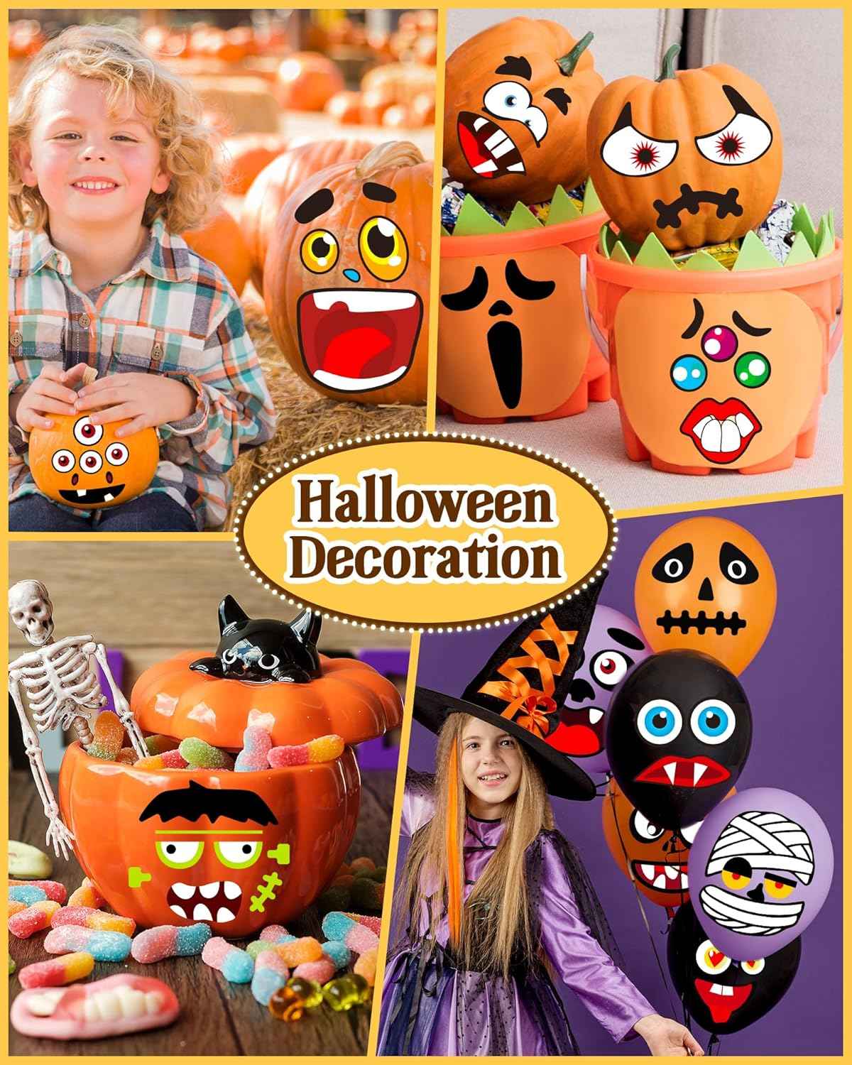 Greingways Non-Toxic Halloween Pumpkin Stickers, Child-Safe Vinyl Decorating Kit with 88 Funny Faces, No Sharp Tools Required