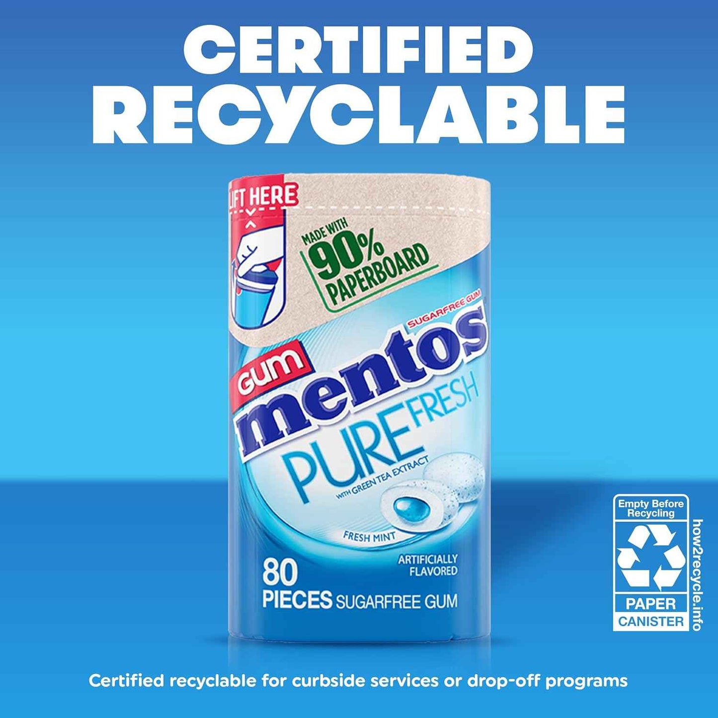 Mentos Pure Fresh Xylitol Chewing Gum for Mid-Afternoon Focus Reset at the Office Desk, Fresh Mint 80ct Paperboard Bottle