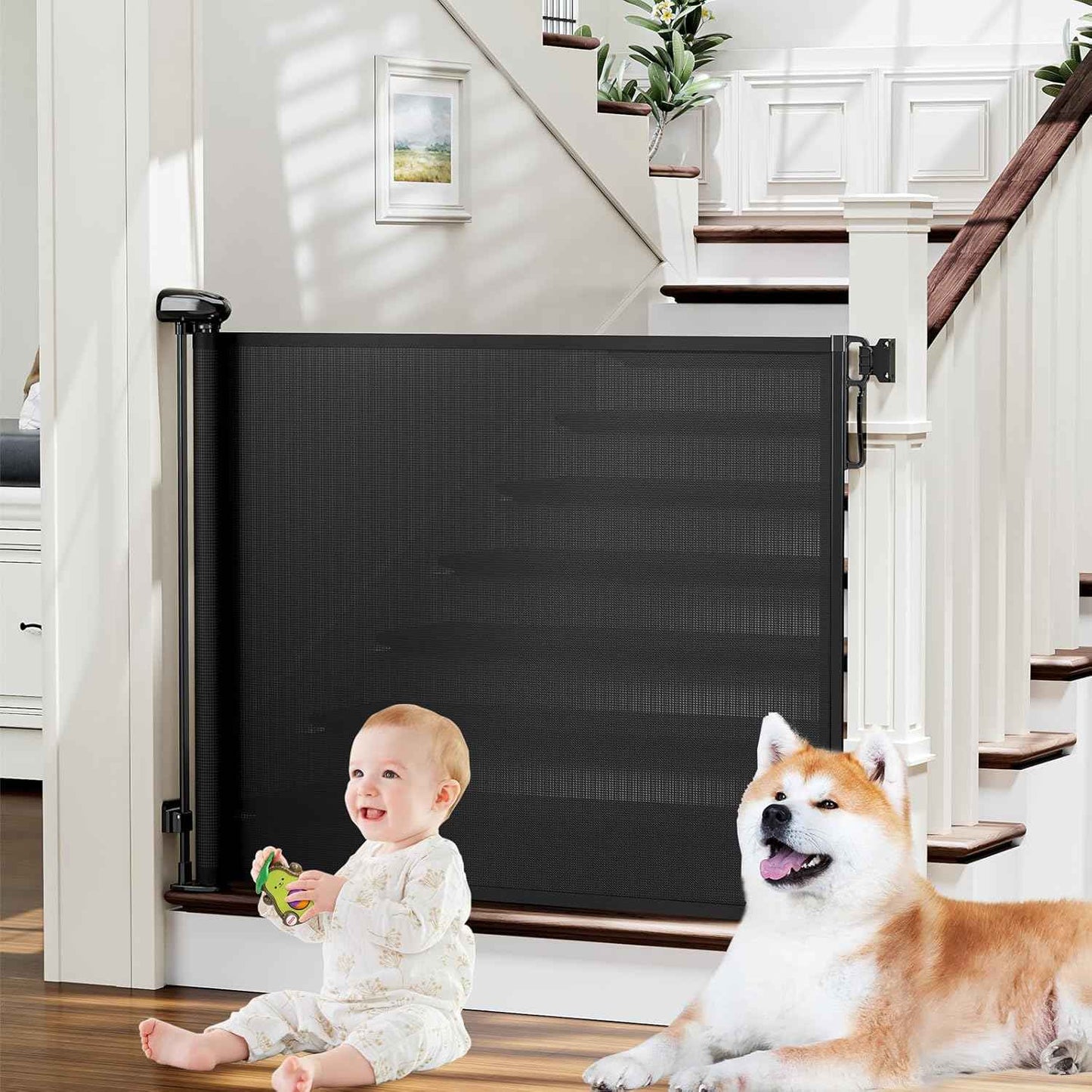 probebi Retractable Pet Gate for Stairs and Doorways – 34" Tall Mesh Barrier with Double-Lock Safety Release