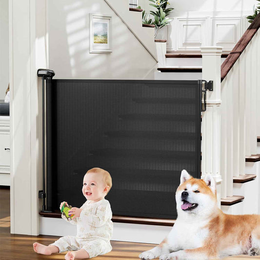 probebi Retractable Pet Gate for Stairs and Doorways – 34" Tall Mesh Barrier with Double-Lock Safety Release