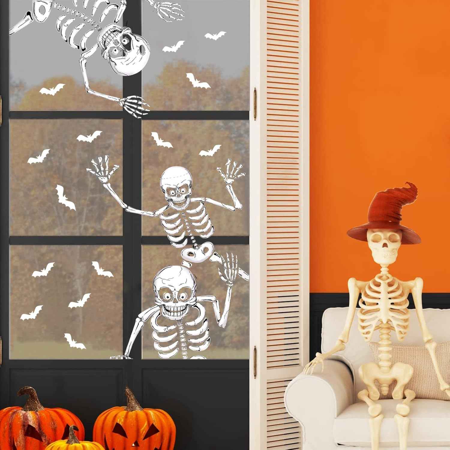 Kid-Friendly Halloween Window Decor – No-Adhesive Skeleton Clings for Bedroom, Playroom & Bathroom Mirror
