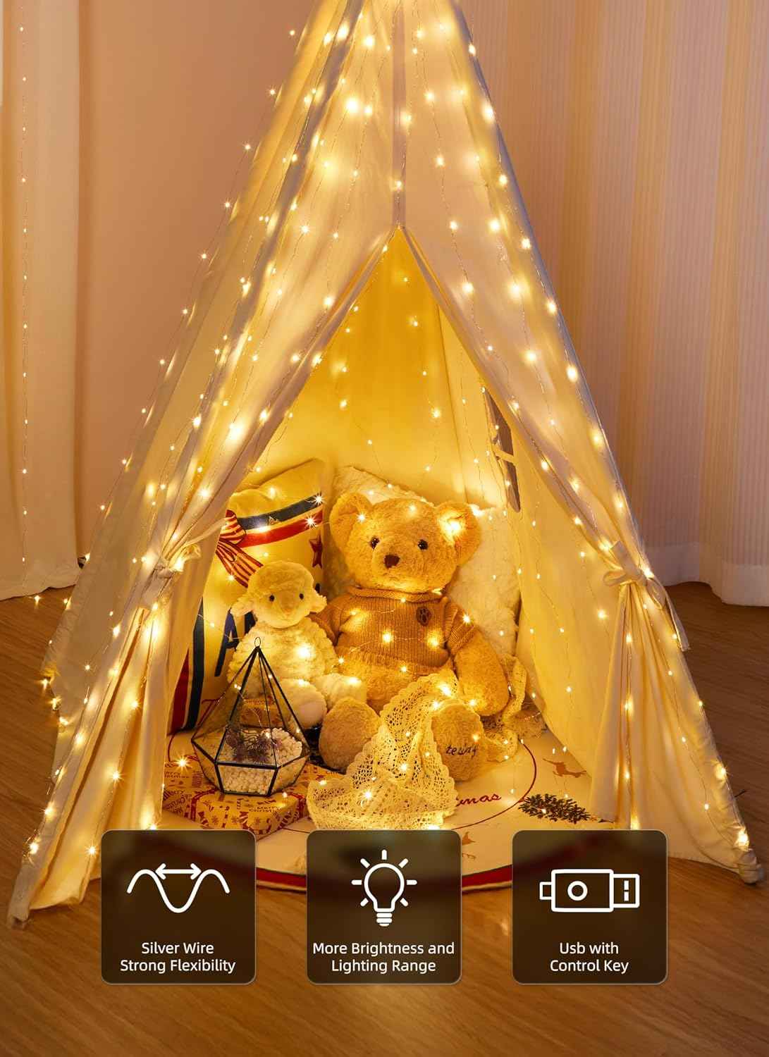 Brightown 300 LED Curtain Fairy Lights in Soft Pink, 9.8x9.8 ft USB-Powered Hanging Lights with 8 Modes and Timer, Bedroom Window Backdrop and Vanity Area Decor