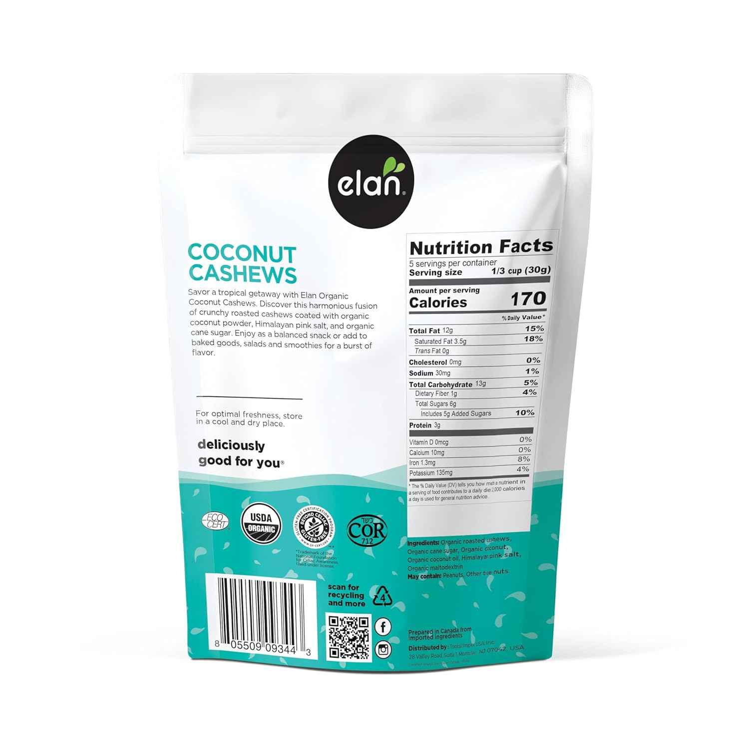 Elan Organic Coconut Cashews – Allergen-Friendly Lunchbox Snack for School-Age Kids, 5.6 oz