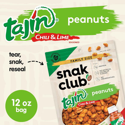 Snak Club Tajín Chili-Lime Peanuts – Portable Snack for Road Trips and Camping, Resealable 12 oz Bag