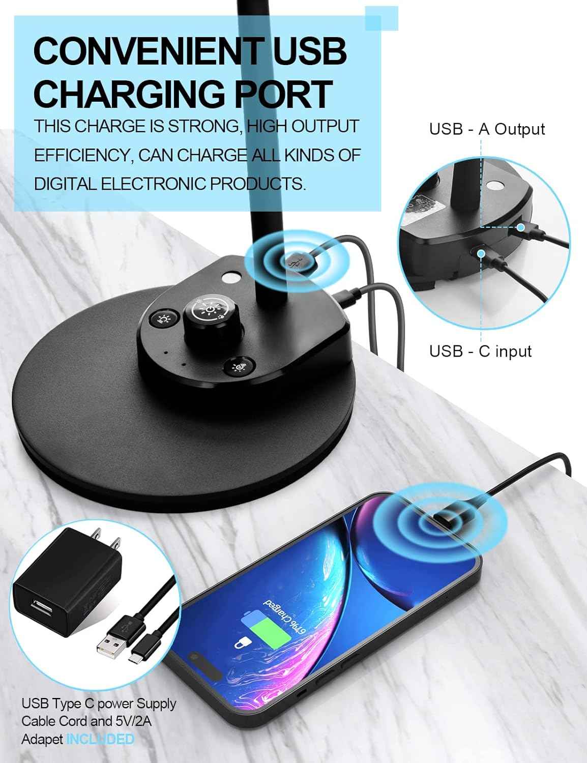 BOHON Dimmable Desk Lamp with USB Port – Eye-Friendly Study Light for Remote Workers and Students
