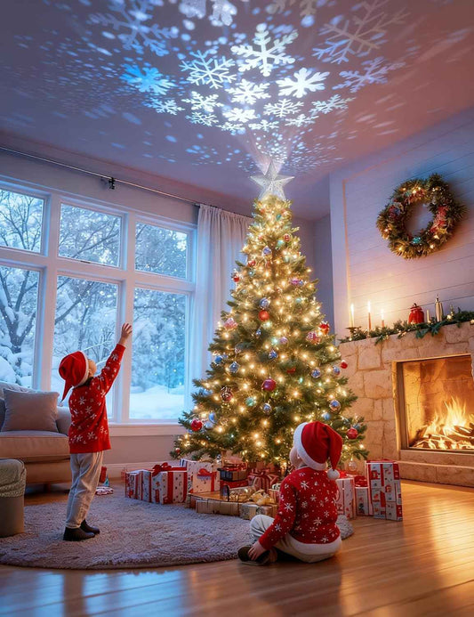 DG-Direct Lighted Star Christmas Tree Topper with Snowflake Projector – Flame-Free, Cool-to-Touch Holiday Decor for Kids' Rooms & Playrooms