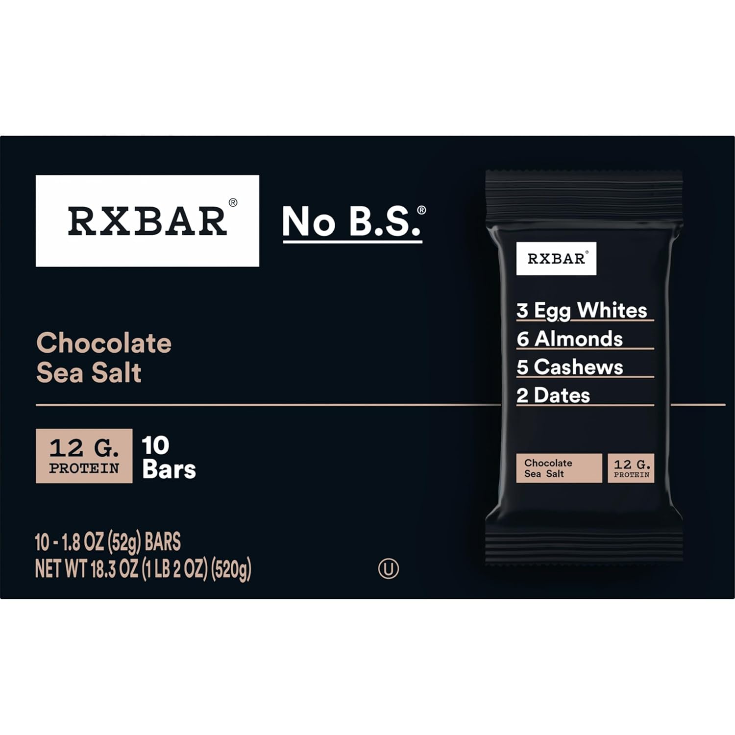 RXBAR Chocolate Sea Salt Protein Bars – Clean-Ingredient Snack for Mindful Wellness Routines, 10-Count Box