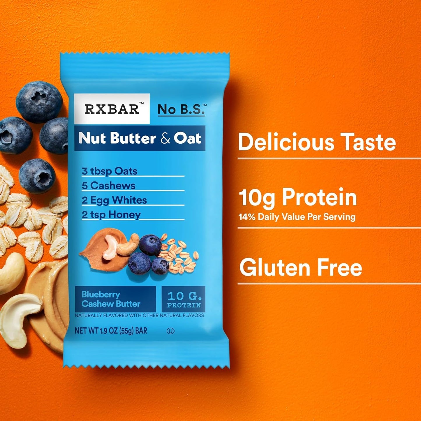 RXBAR Nut Butter and Oat Protein Bars – Portable Trail Fuel for Hiking and Cycling, 10g Protein Blueberry Cashew
