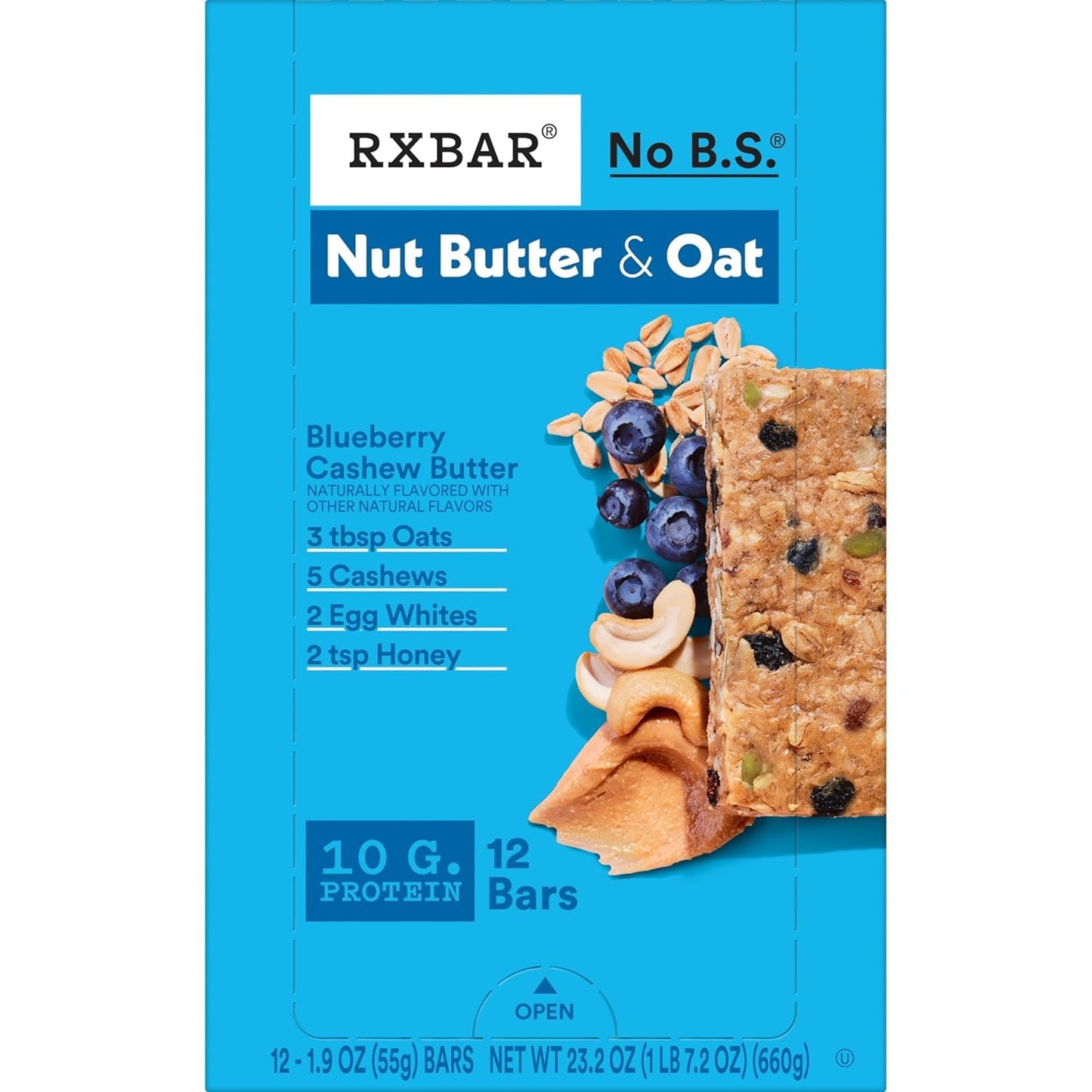 RXBAR Nut Butter and Oat Protein Bars – Portable Trail Fuel for Hiking and Cycling, 10g Protein Blueberry Cashew