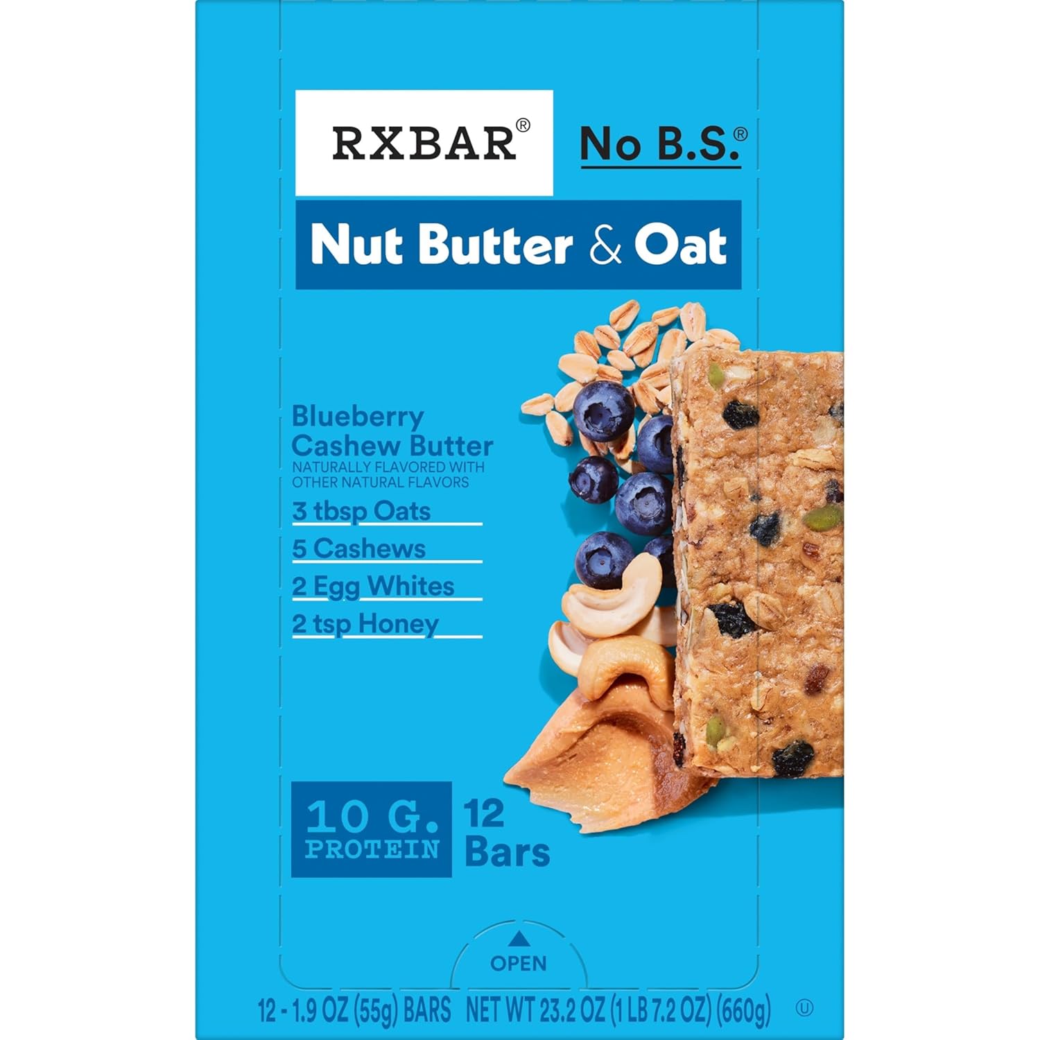 RXBAR Nut Butter and Oat Protein Bars – Portable Trail Fuel for Hiking and Cycling, 10g Protein Blueberry Cashew