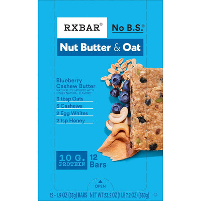 RXBAR Nut Butter and Oat Protein Bars – Portable Trail Fuel for Hiking and Cycling, 10g Protein Blueberry Cashew