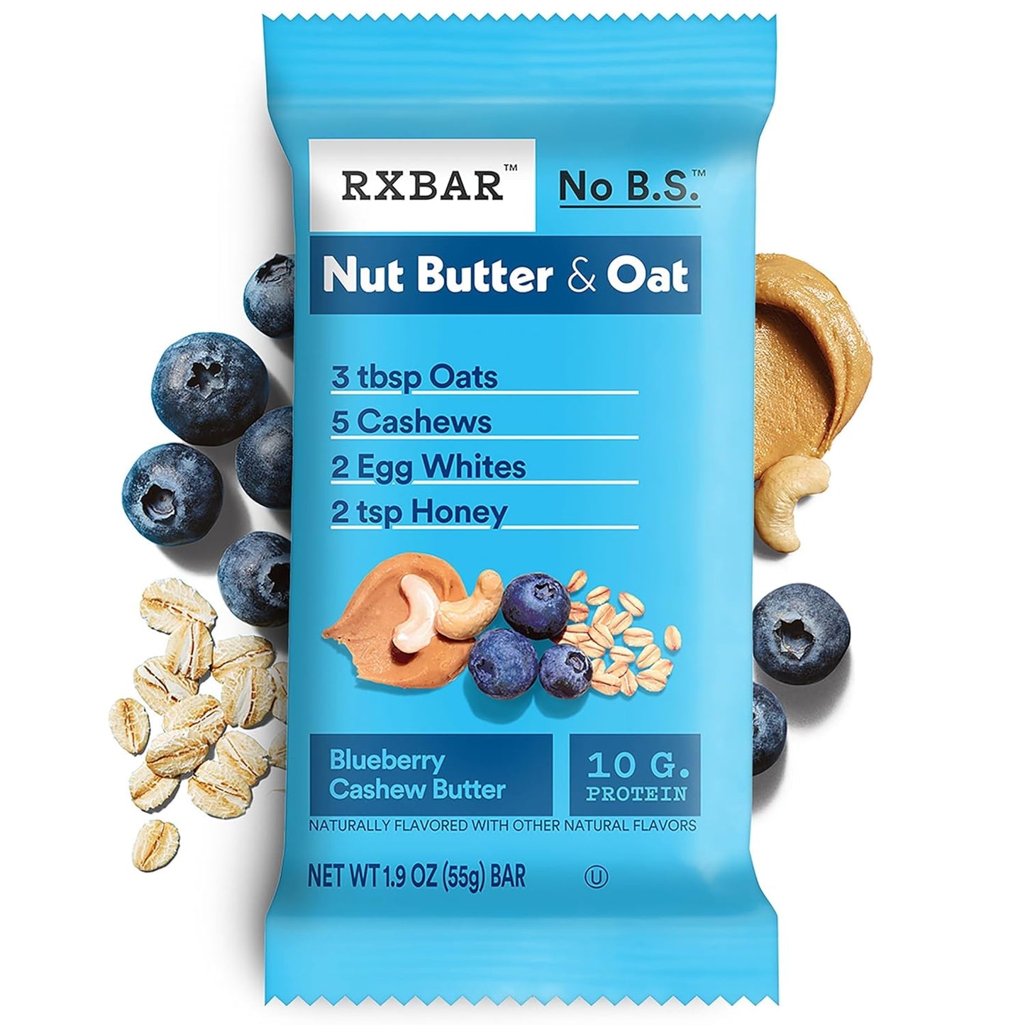 RXBAR Nut Butter and Oat Protein Bars – Portable Trail Fuel for Hiking and Cycling, 10g Protein Blueberry Cashew