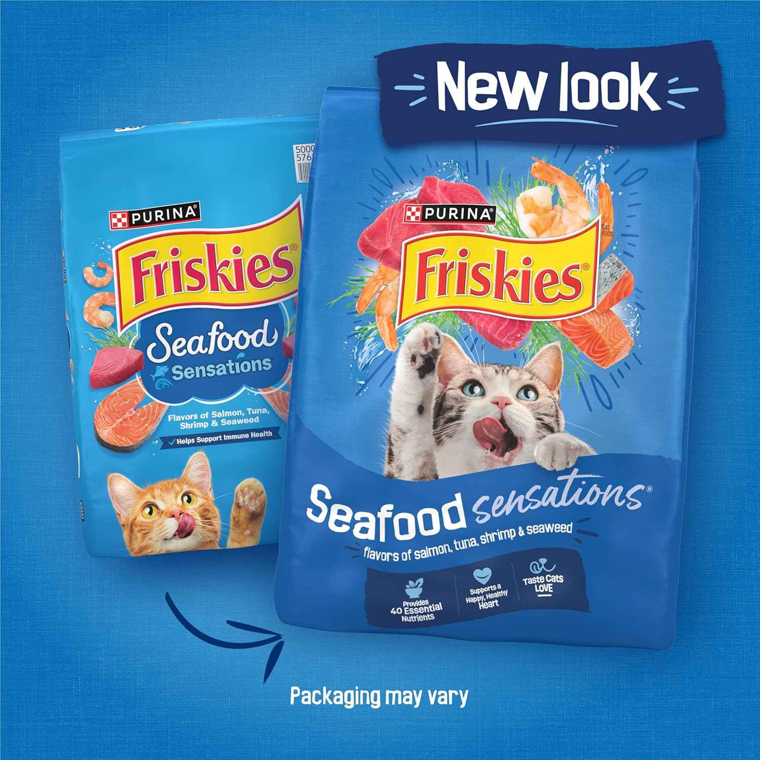 Purina Friskies Seafood Sensations Dry Kibble 22 lb. Salmon Tuna Shrimp - Complete Daily Nutrition with Satisfaction Guarantee