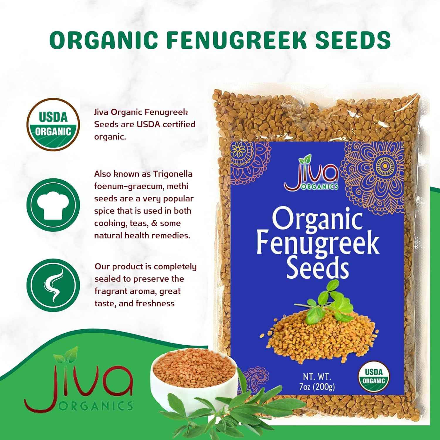 Jiva Organic Fenugreek Seeds 7 Ounce – Hormone-Balancing Methi Seeds for Nightly Wellness Rituals & Soothing Herbal Tonics