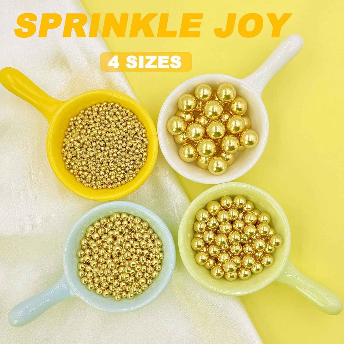Gold Sprinkles for Cake Decorating – 4 Sizes Pearl Mix, Premium Edible Toppings for Wedding and Anniversary Cakes