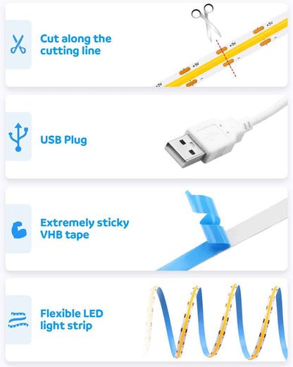 Aclorol USB COB LED Strip Lights – Cozy Housewarming Gift, Warm White Bedroom Accent Decor