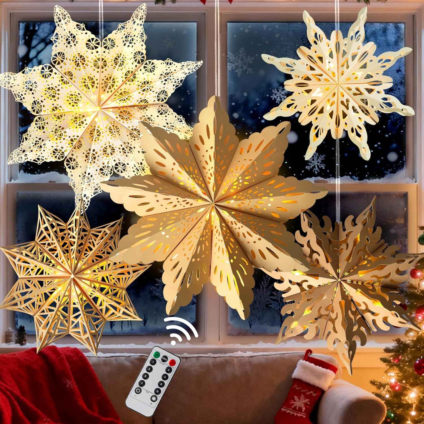 14 & 18 Inch Paper Star Lanterns with LED – Beige and White Snowflake Hangings for Christmas Tree, Fireplace and Holiday Dining Table