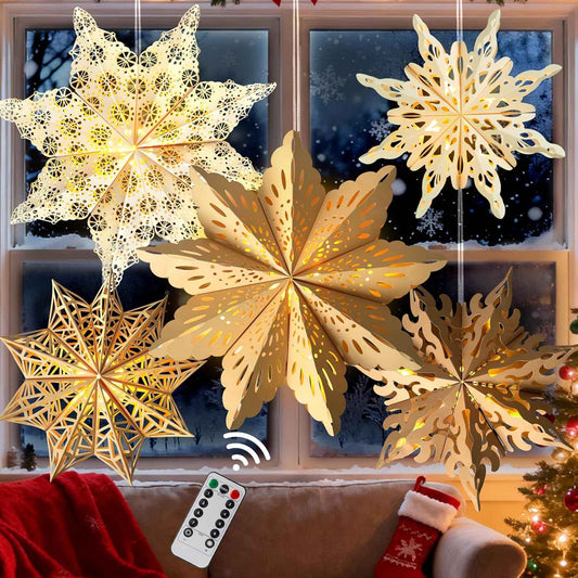 14 & 18 Inch Paper Star Lanterns with LED – Beige and White Snowflake Hangings for Christmas Tree, Fireplace and Holiday Dining Table