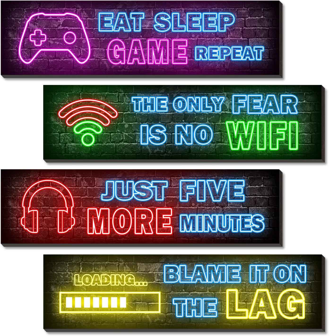 4 Pcs Printed Neon Gaming Posters – Cool Christmas and Housewarming Gift for Gamers, Game Room Wood Signs