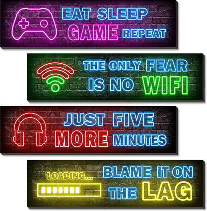 4 Pcs Printed Neon Gaming Posters – Cool Christmas and Housewarming Gift for Gamers, Game Room Wood Signs