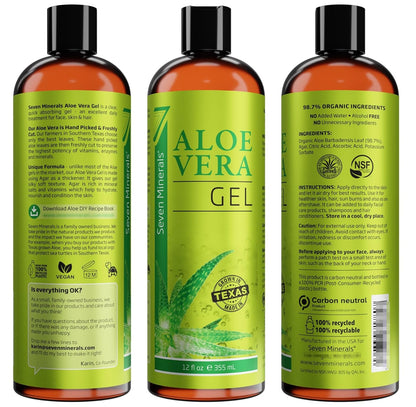 Seven Minerals Organic Aloe Vera Gel – Beach Bag Sunburn Relief for Poolside and Lake Day Aftercare