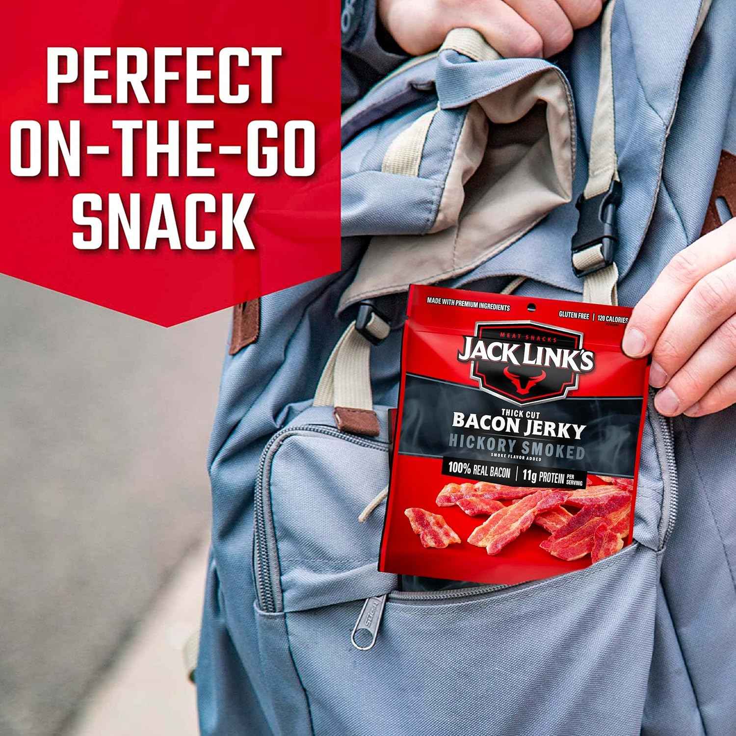 Jack Link's Bacon Jerky, Hickory Smoked – Portable Protein Snack for Hunting Blind and Camping Trip Lunches