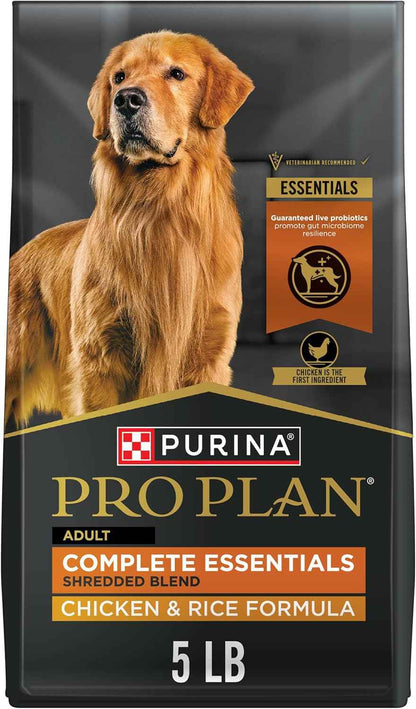Purina Pro Plan Complete Essentials Shredded Chicken and Rice Formula - Easy-Bowl, Crunchy-and-Tender Kibble for Busy Family Kitchens - 5 lb