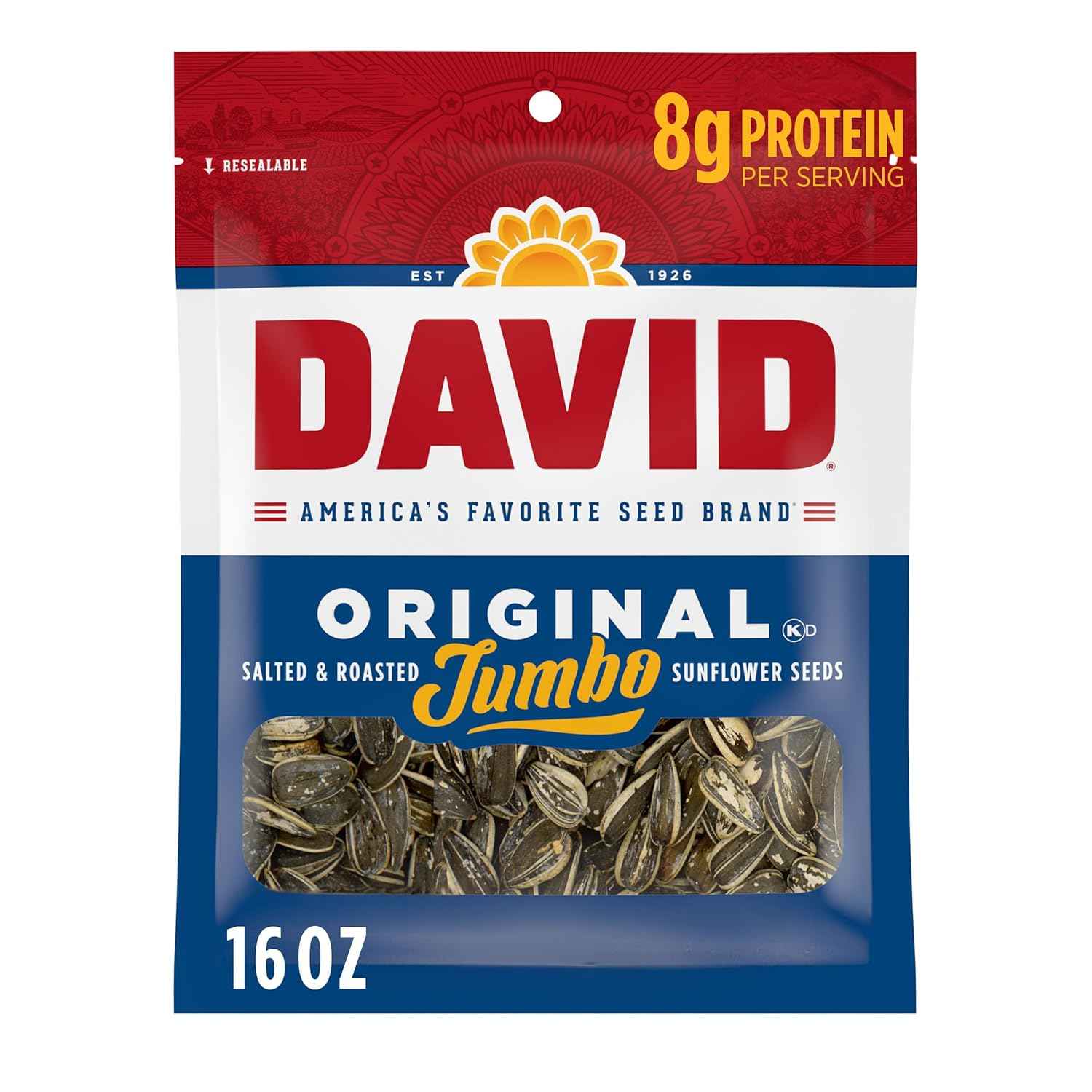 DAVID Jumbo Sunflower Seeds Original 16 oz – Family-Sized Snack for Lunch Boxes and After-School Munching