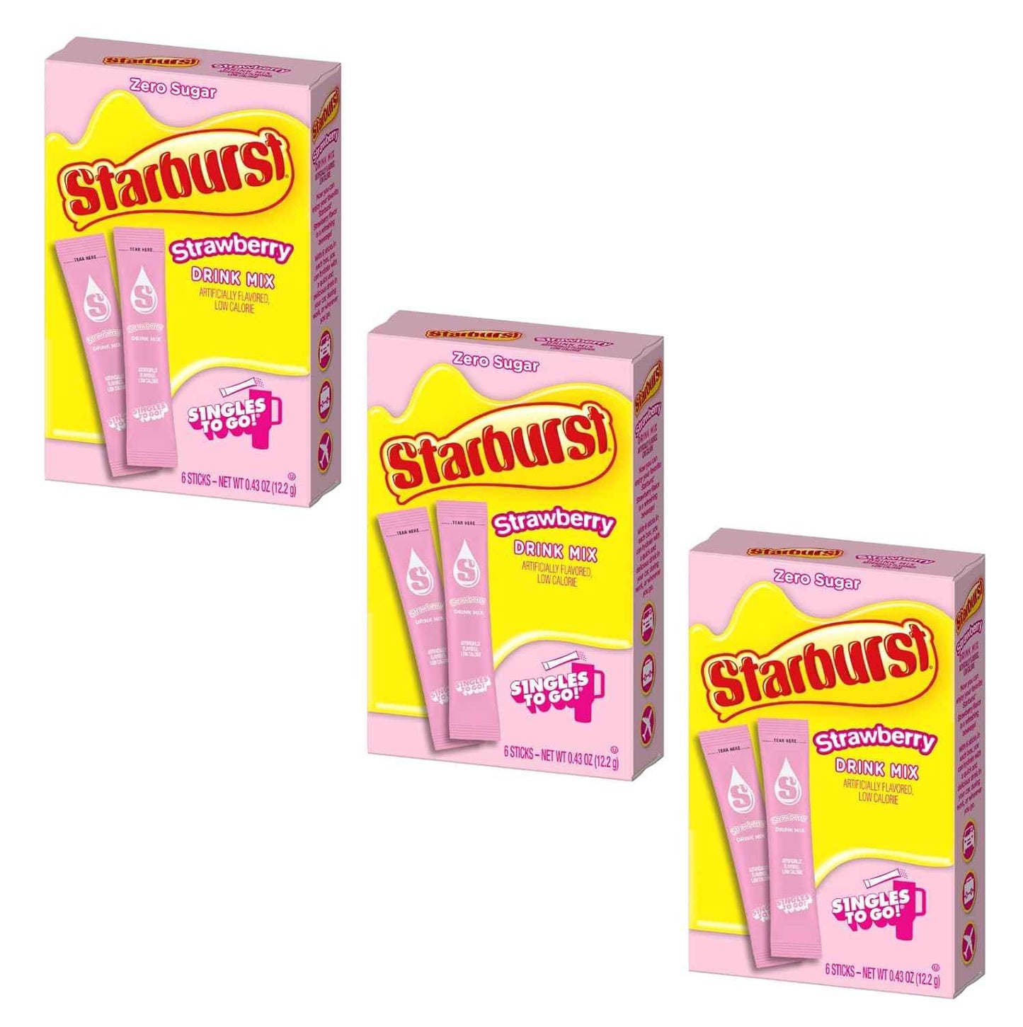 Starburst Singles To Go Powdered Drink Mix – Low-Calorie Hydration for Sugar-Conscious Adults, Single-Serve Flavored Water Sticks, 3 Pack