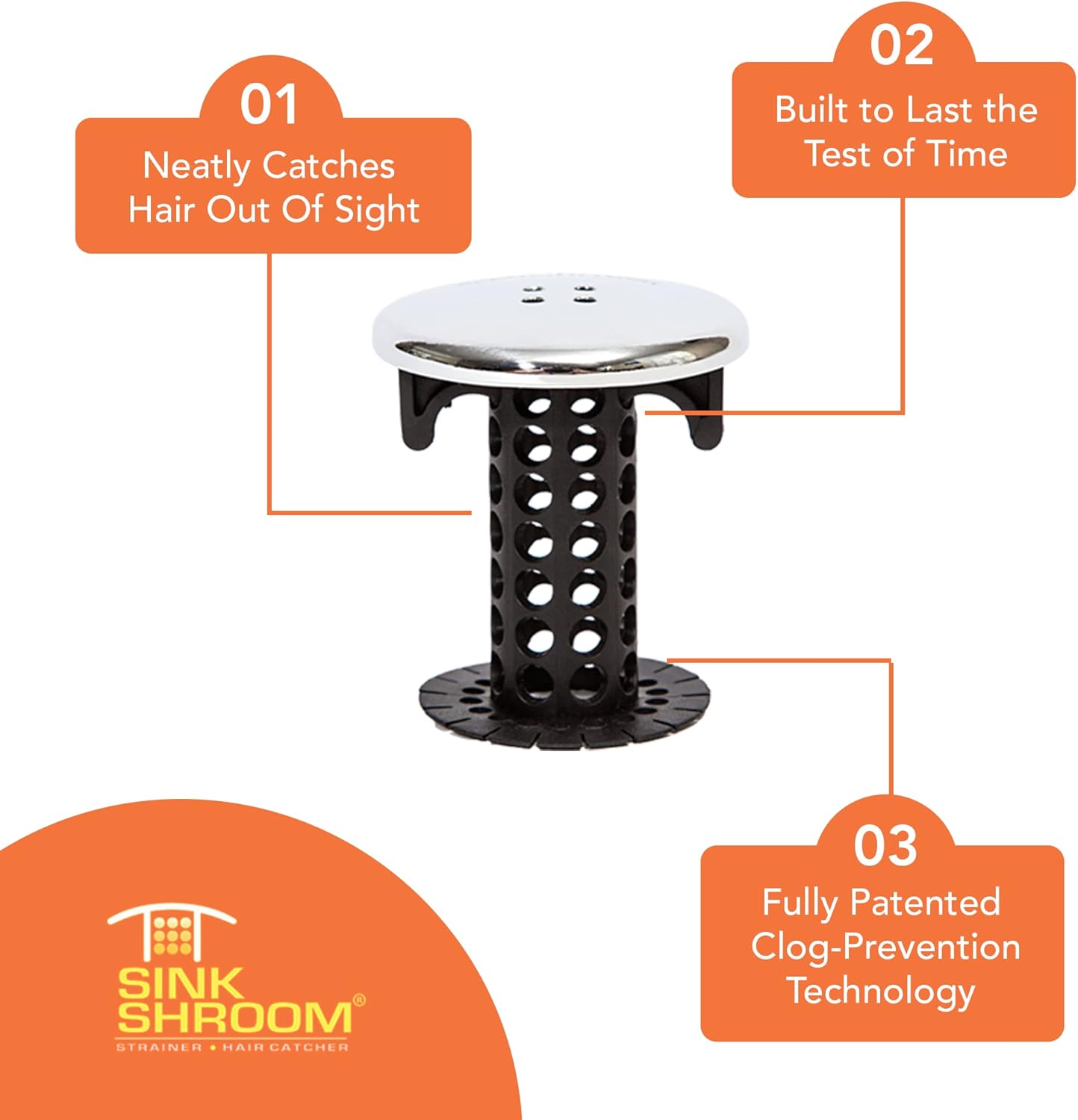 SinkShroom Chrome Edition - Chemical-Free Bathroom Drain Hair Catcher Safe for Kids, Pets, and Septic Systems