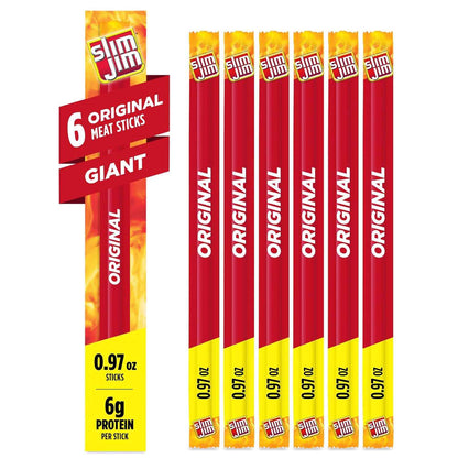 Slim Jim Giant Smoked Meat Sticks – High Protein School Snack for Lunchboxes and After Practice, 6 Count Pack