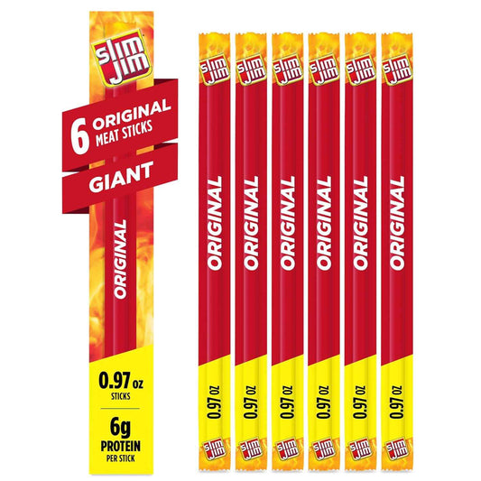Slim Jim Giant Smoked Meat Sticks – High Protein School Snack for Lunchboxes and After Practice, 6 Count Pack