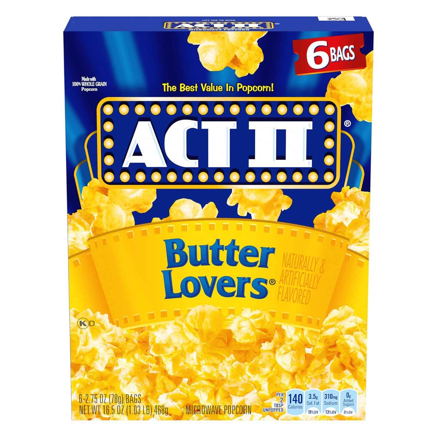 ACT II Butter Lovers Microwave Popcorn, 6 ct 2.75 oz Bags — Low-Distraction Study Lounge Snack for Remote Workers