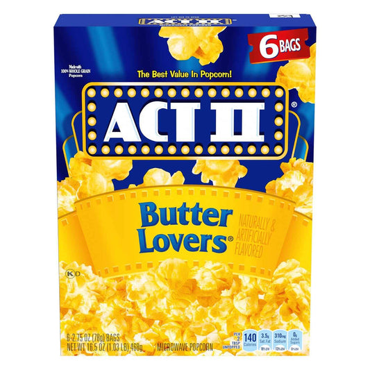 ACT II Butter Lovers Microwave Popcorn, 6 ct 2.75 oz Bags — Low-Distraction Study Lounge Snack for Remote Workers