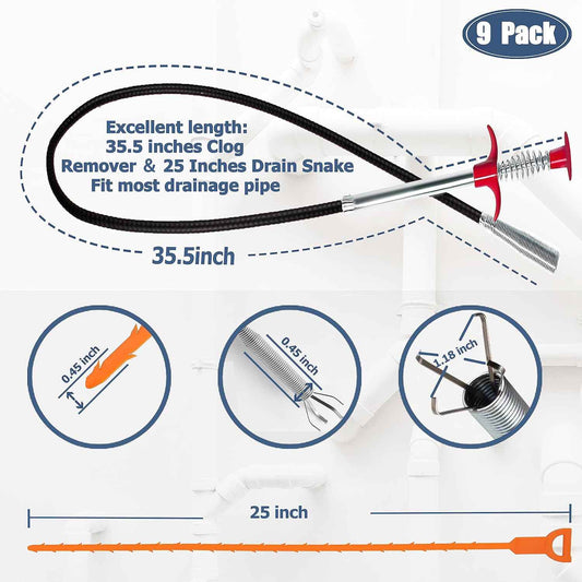 9-Piece Drain Cleaning Set – Simple Bathroom and Kitchen Clog Remover for Uncluttered Home Toolkits