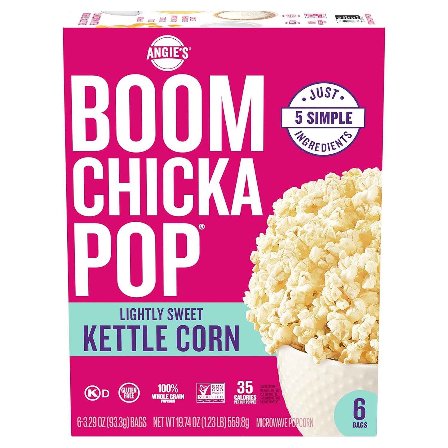 Angie's BOOMCHICKAPOP Lightly Sweet Kettle Corn Microwave Popcorn, 6-Count 3.29 oz Bags – Gluten-Free Family Snack for Pantry, Playroom, and Kids' Movie Nights