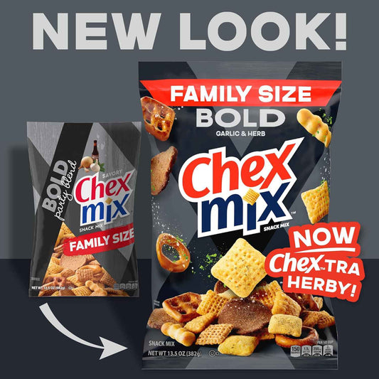 Chex Mix Bold Garlic and Herb Snack Mix – Gourmet Snack Basket Addition for Dad on Father's Day, Family Size 13.5 oz