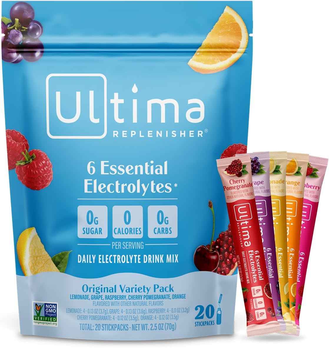 Ultima Replenisher Electrolyte Powder – Portable Hydration for Hiking and Camping, 20 Stickpack Zero Sugar Variety