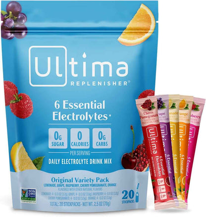 Ultima Replenisher Electrolyte Powder – Portable Hydration for Hiking and Camping, 20 Stickpack Zero Sugar Variety