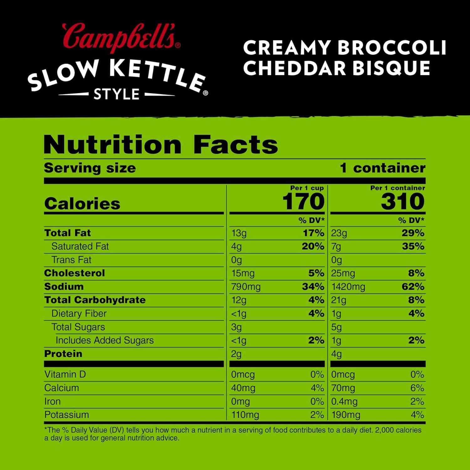 Campbell's Slow Kettle Creamy Broccoli Cheddar Bisque — No-Cook Backup Dinner for Busy Parents, 15.5 oz Family Bowl