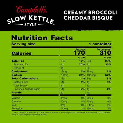 Campbell's Slow Kettle Creamy Broccoli Cheddar Bisque — No-Cook Backup Dinner for Busy Parents, 15.5 oz Family Bowl
