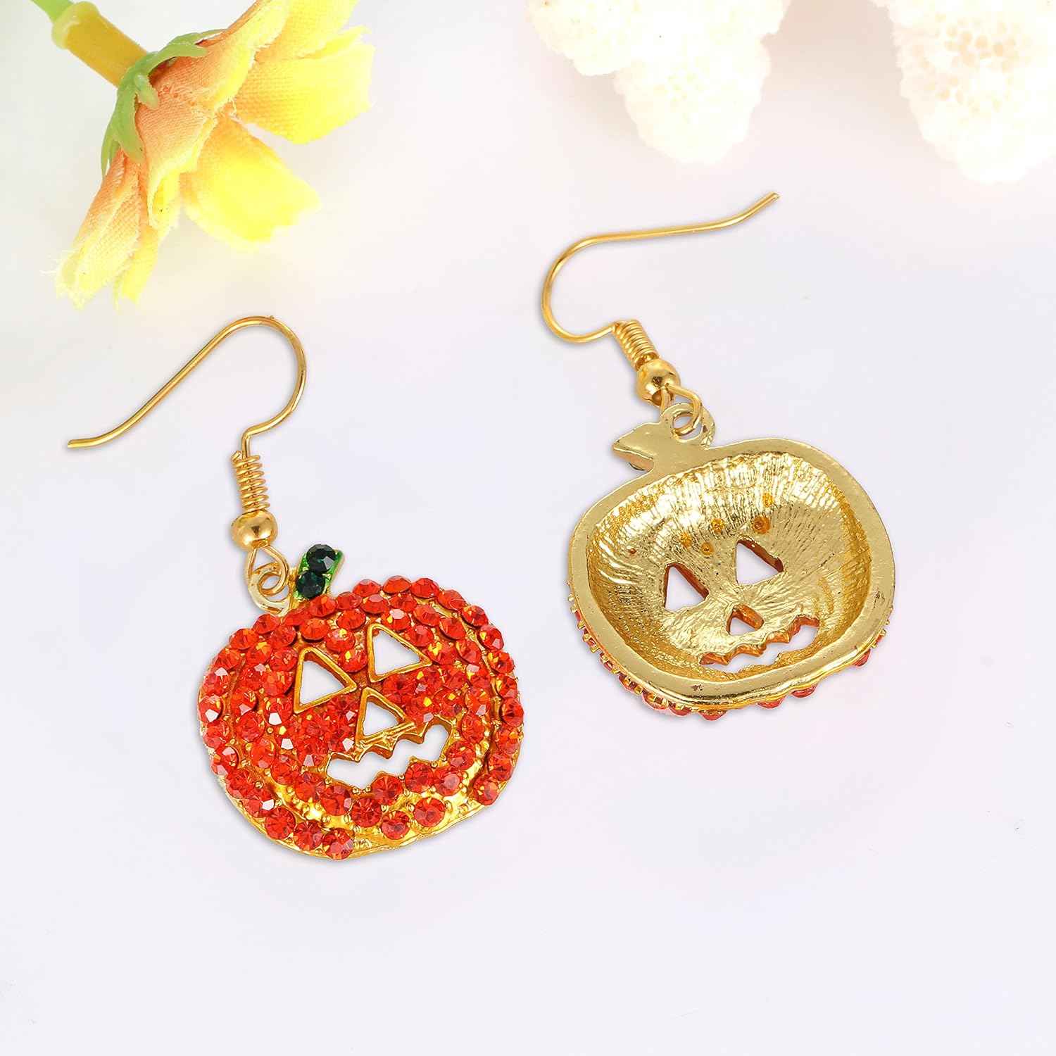 iWenSheng Halloween Pumpkin Earrings Red - Hypoallergenic Crystal Dangle Earrings Safe for Sensitive Skin, Fun Costume Accessory for Girls