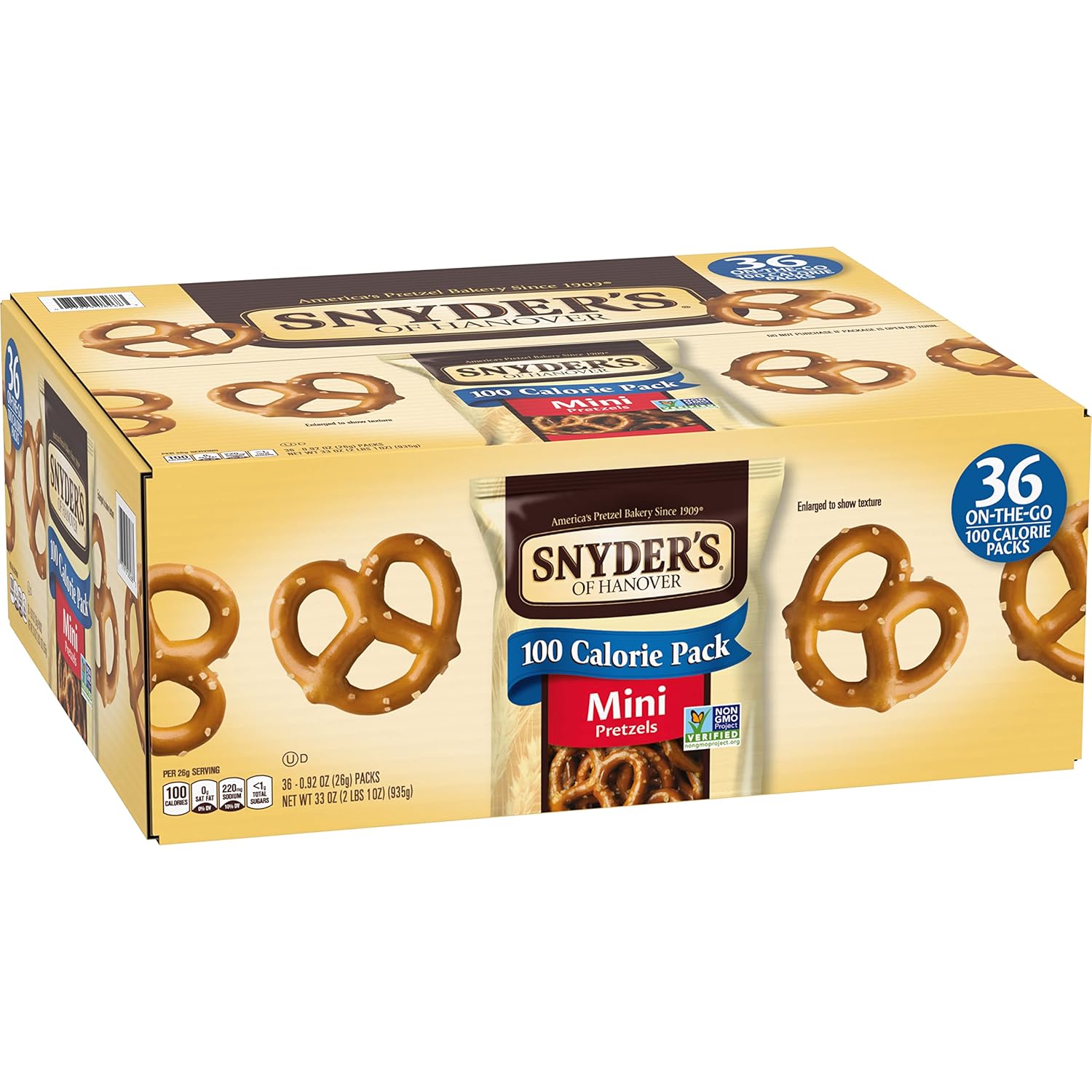 Snyder's of Hanover Mini Pretzels 100 Calorie Packs – Nut-Free School Lunch Snack for Kids, 36 Ct