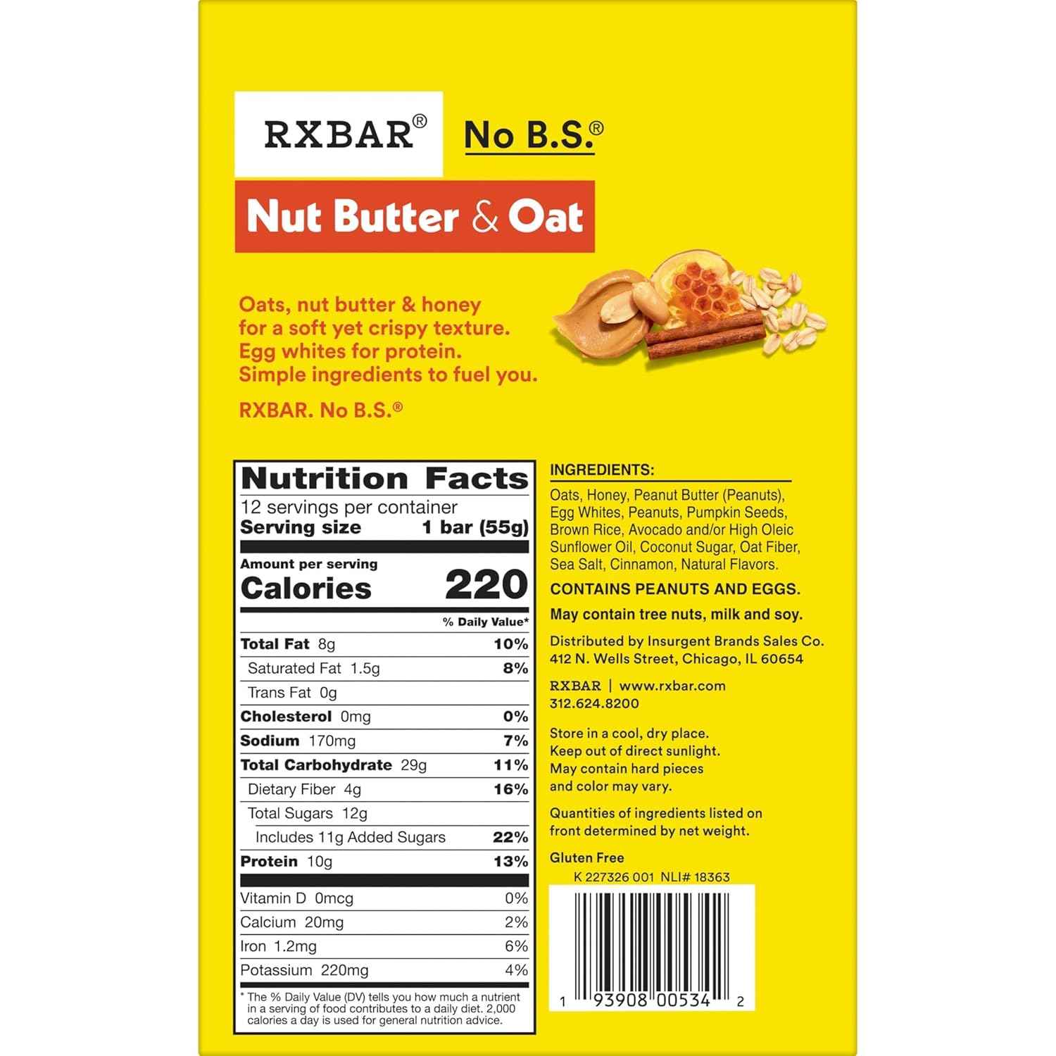 RXBAR Nut Butter and Oat Protein Bars – Quick Home Office Snack to Beat the 3PM Slump, Honey Cinnamon 12-Count Box