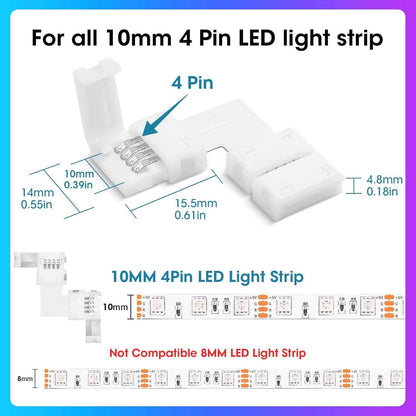 MISSOURI 10-Pack LED Strip Connectors – Practical DIY Gift for Him, Solderless 4-Pin L-Shape Adapters for RGB Home Lighting Projects