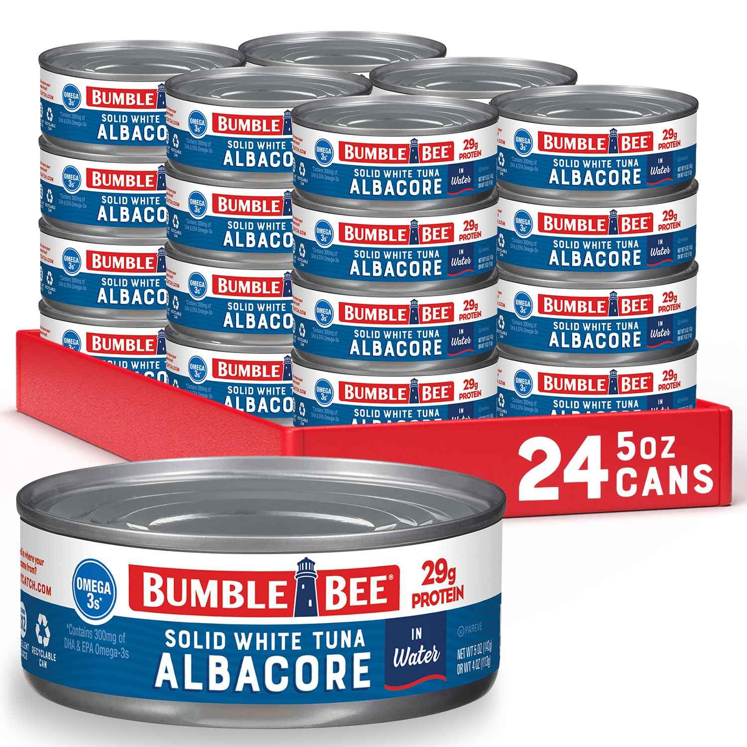 Bumble Bee Solid White Albacore Tuna in Water – 5 oz Office Lunch Can for Quick Desk Side Meals, 24 Pack