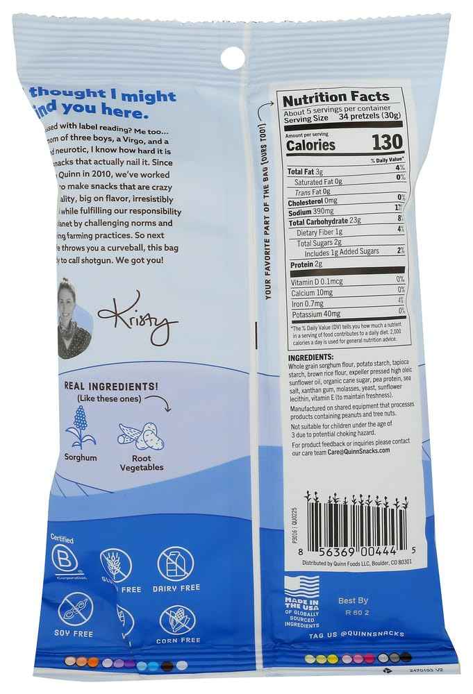 Quinn Pretzel Sticks Sea Salt 5.6 oz – Portable Gluten-Free Snack for Hiking and Road Trips